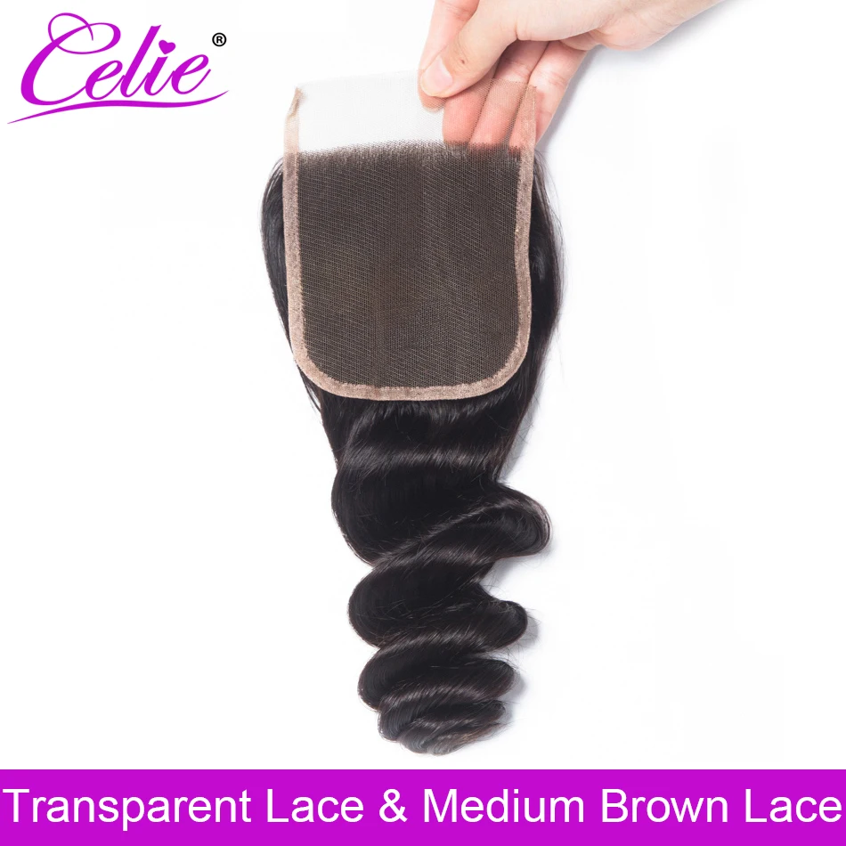 

Celie Brazilian Loose Wave HD Transparent Lace Closure 4x4 Swiss Lace Remy Human Hair Closure With Baby Hair Free/Middle Part