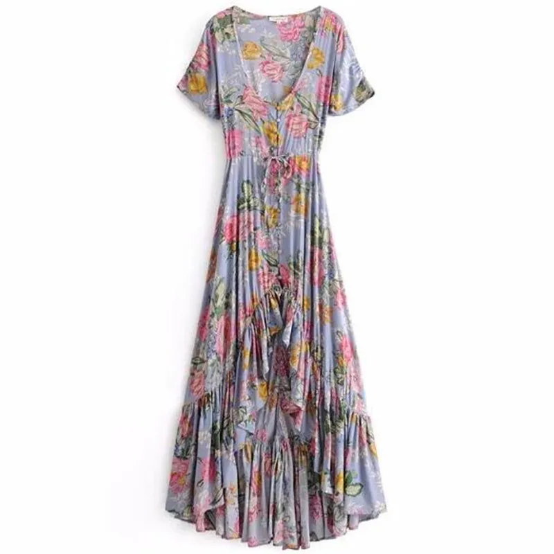 

Bohemian Single-breasted Buttons V neck Flower Print Swallowtail Dress Ethnic Holiday 2018 New Woman Lace Up waist Long Dresses