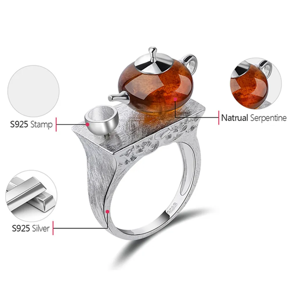 Lotus Fun Real 925 Sterling Silver Natural Amber Original Handmade Fine Jewelry Vintage Ring Cute Teapot Rings for Women Bijoux