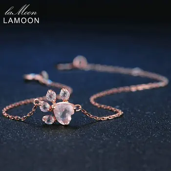 

LAMOON Animal Bear Paw 5X5.5mm 100% Natural Pink Rose Quartz 925 Sterling Silver Jewelry Charm Bracelets for Women Gift HI005
