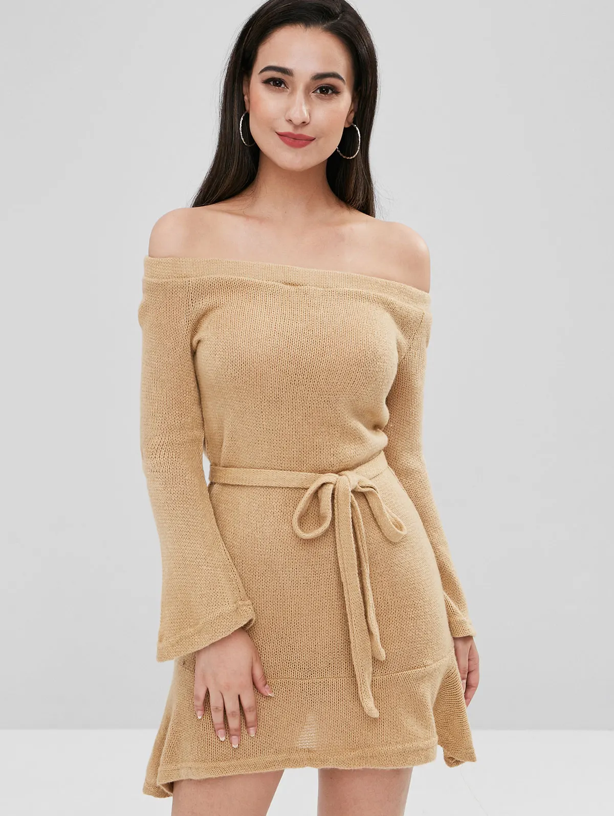 ZAFUL Belted Off The Shoulder Long Sleeved Knitted Solid
