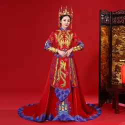 Восточный женский Qipao Vestidos Красный китайский традиционный свадебное платье невесты Вышивка Дракон и Феникс классический женское Ципао