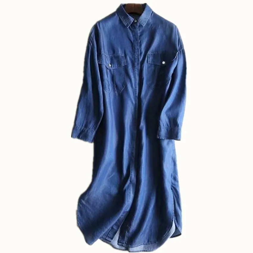 

2019 Spring Women turn down collar Tencel Denim Dress Vintage Blue Long Sleeve Casual shirt Dress