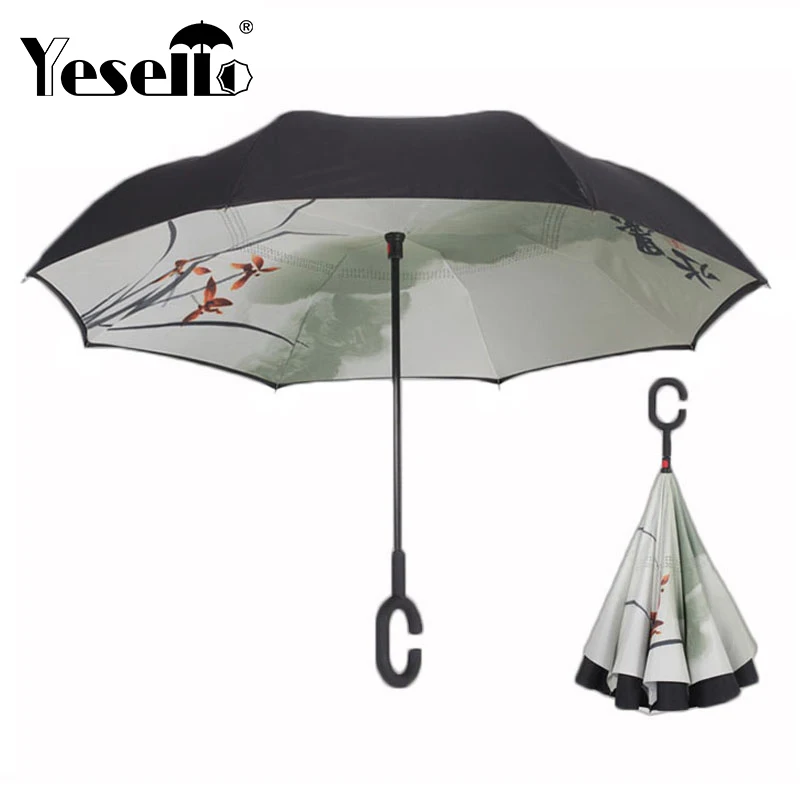 

Yesello Chinese Inverted Umbrella Double Layer Windproof Reverse Umbrella for Car and Outdoor Use