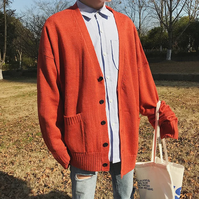 2018 Spring New Arrival Men’s Fashion Casual Loose Coat Cardigan Tide Solid Color Single Breasted V-neck Sweater Male M-2XL