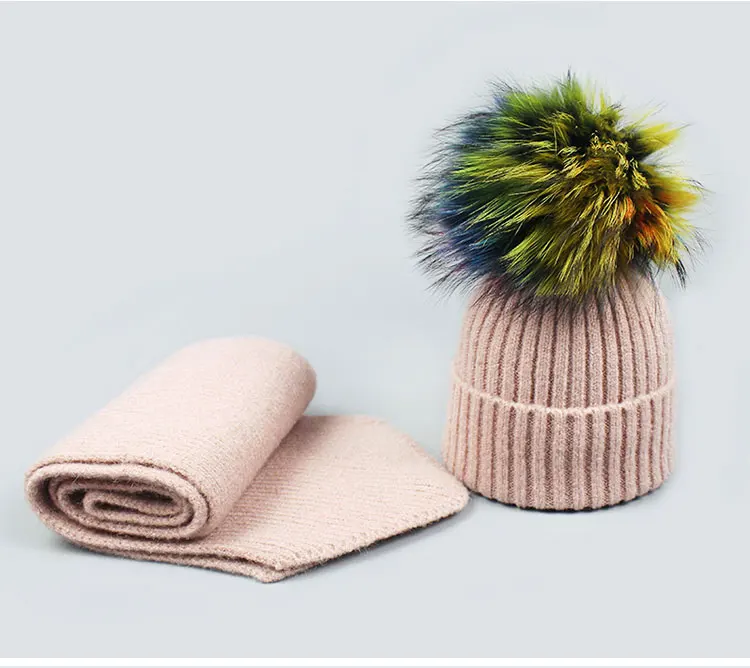 Осень-зима Для женщин Для мужчин меховым помпоном шапочка и шарф комплект для маленьких девочек теплая шерсть Вязание Шапки шарфы сплошной черный, розовый темно-шляпа
