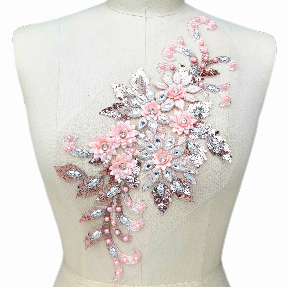 

19x38cm Rhinestones Sequins Beads Embroidery Lace Pink Applique Crystals Patches Dress Accessory Sewing for Evening Prom Dress
