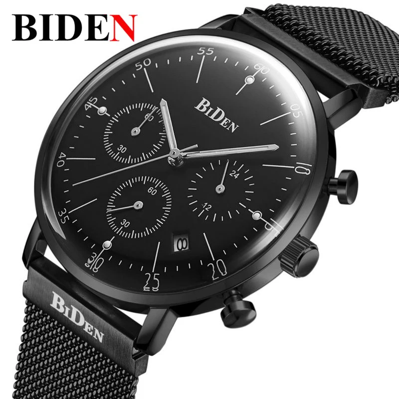 

Top Brand Luxury BIDEN Men Watch Relogio Masculino Dress Japan Quartz Watches Stainless Steel Mesh Milanese Loop Strapbox Gifts