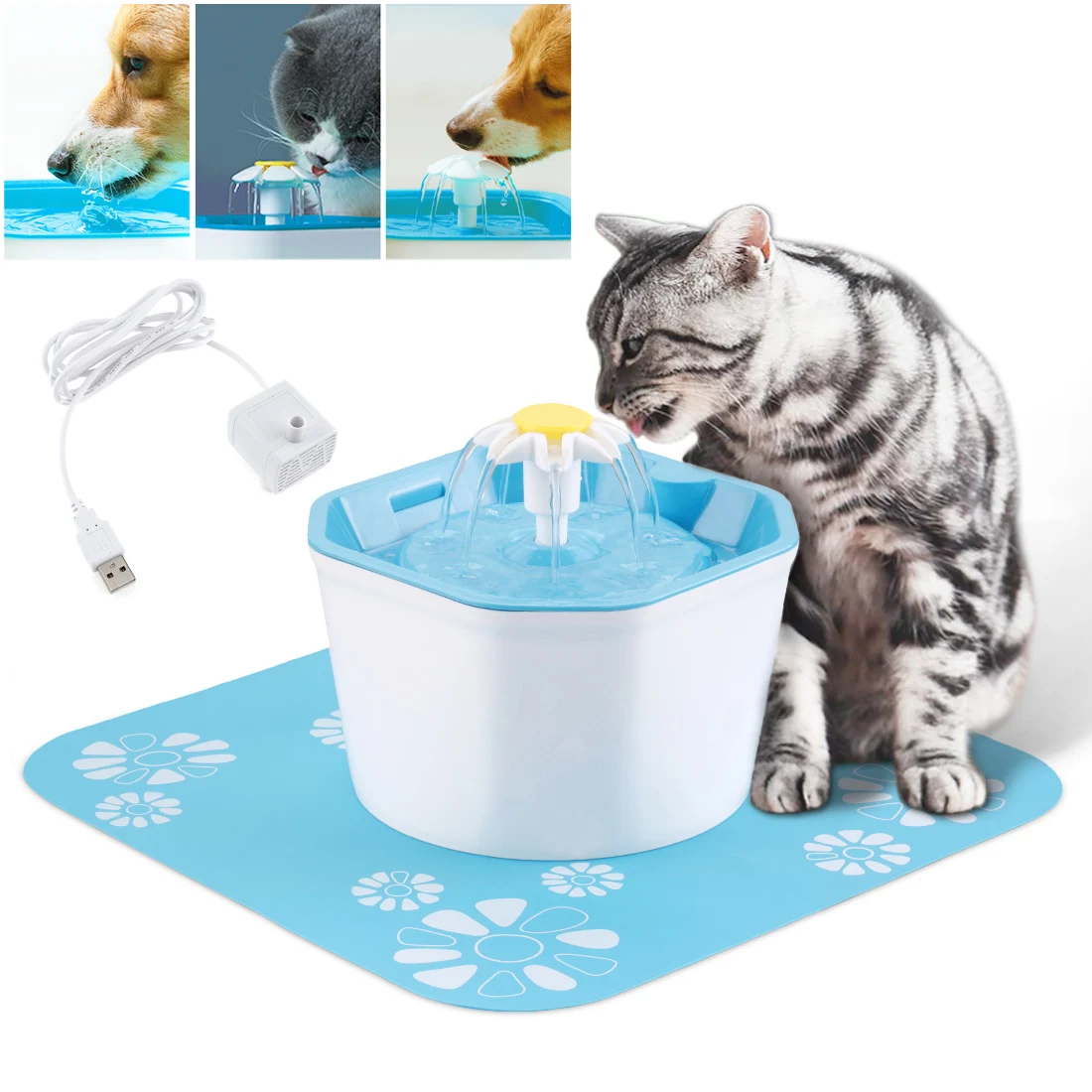 1.6L 5V USB Three Modes Electric Pet Cat Dog Water Fountain Dispenser Silent Submersible Pump Activated Carbon Filter