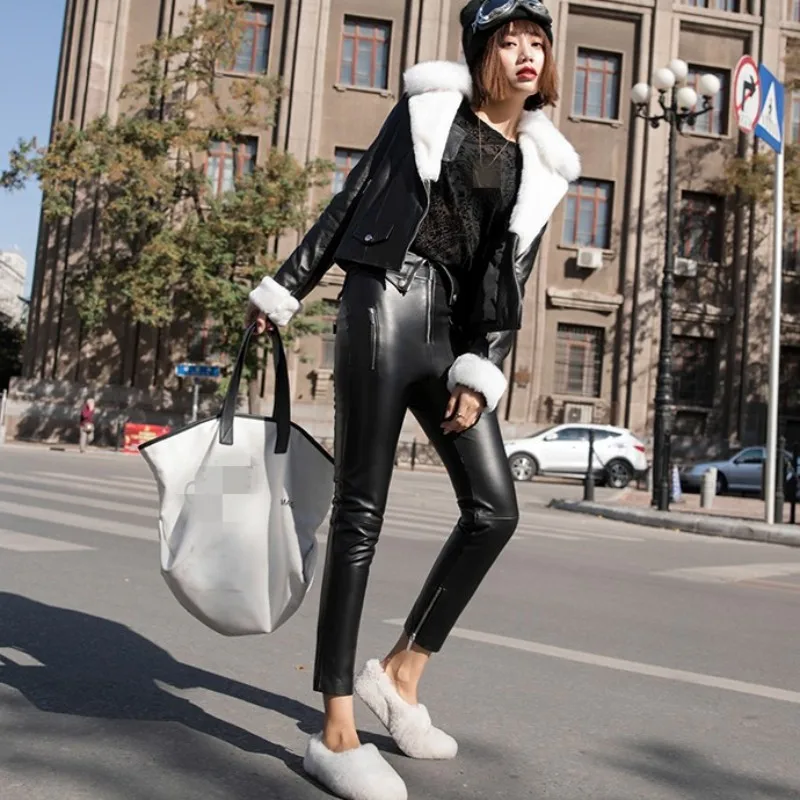 High Quality Leather Ankle Length Pants Women Streetwear Slim Sheepskin Pencil Pants Elegant Luxury Real Leather Black Trousers