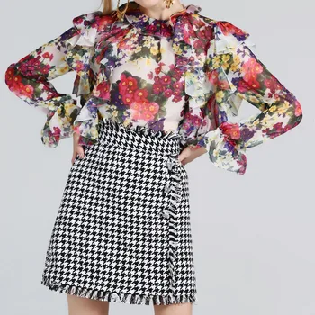

High quality 2019 new fashion comfortable ruffled chiffon long-sleeved shirt top houndstooth tassel half skirt woman suit