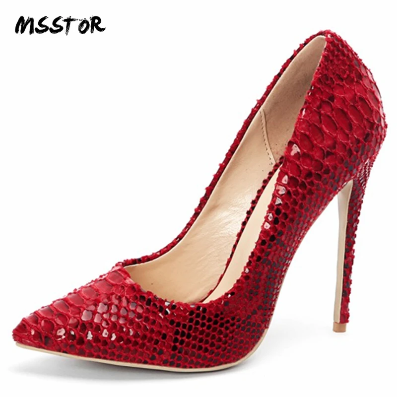 

Msstor Snake Print Red Heels For Women Party Pointed Toe Mixed Colors Slip-On Shallow Ladies Pumps Sexy Fashion Shoes Women 2019
