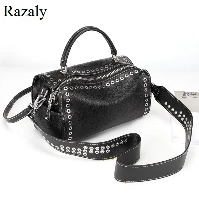Razaly брендовая Высококачественная сумка из натуральной кожи, женская сумка из натуральной кожи с серебряными заклепками, женская сумка через плечо с широким ремешком - Цвет: Черный