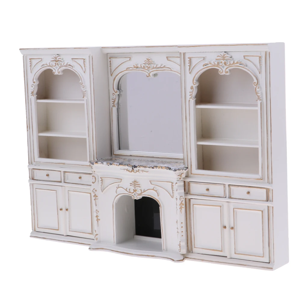 

1/12 Dolls House European Style White Luxury Miniature Wooden Display Cabinet Furniture Model Room Items Accessories