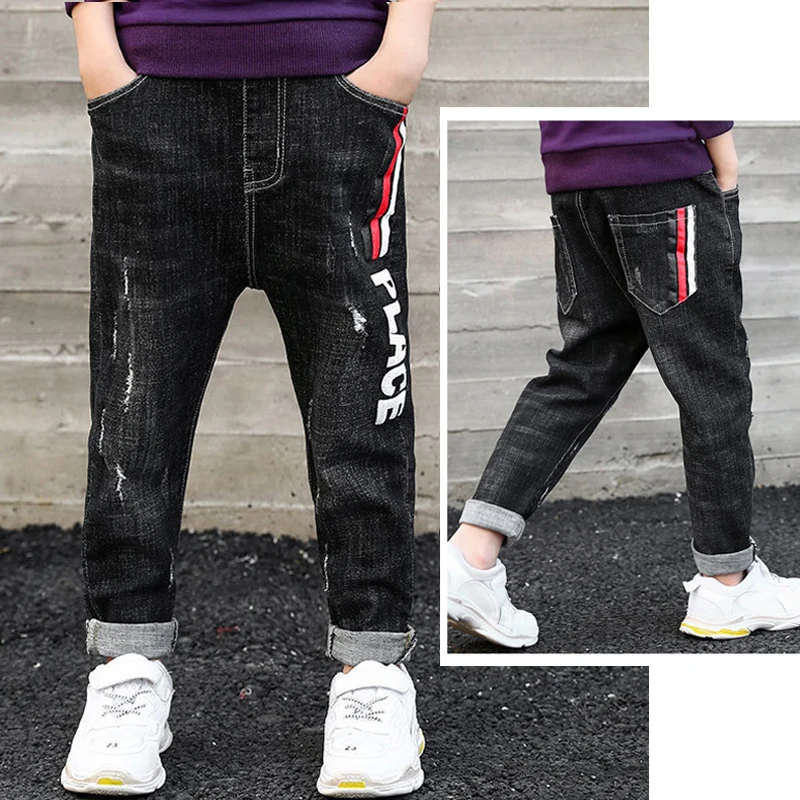 

DIIMUU Toddler Kids Boys Jeans Chidlren Young Teenage Clothing Denim Pants Elastic Striped Hole Wash Straight Long Trousers