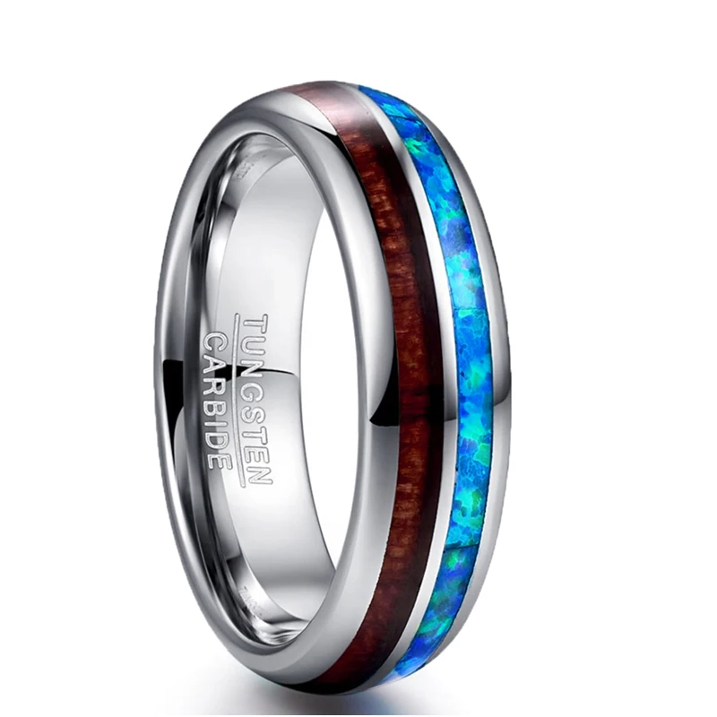 Comprar Nuncad nueva llegada 6MM anillo de carburo de tungsteno de madera para hombre Tamaño 7 12 anillo de Acacia de ópalo natural pulido regalo de joyería de compromiso para mujer