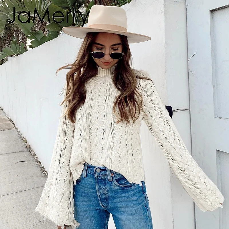

JaMerry Vintage white knitted sweater women Turtle neck flare sleeve tassel pullover jumper Autumn winter solid sweater female