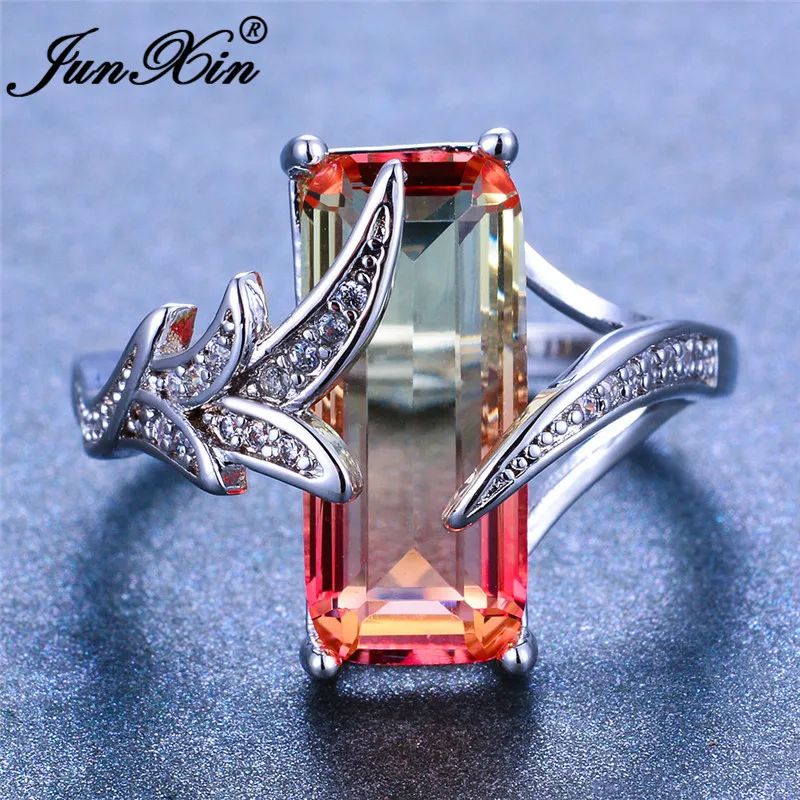 

JUNXIN Mystic Fire Crystal Wedding Rings For Women 925 Silver Color Big Rectangle Zircon Mermaid Tail Ring Bridal Boho Jewelry
