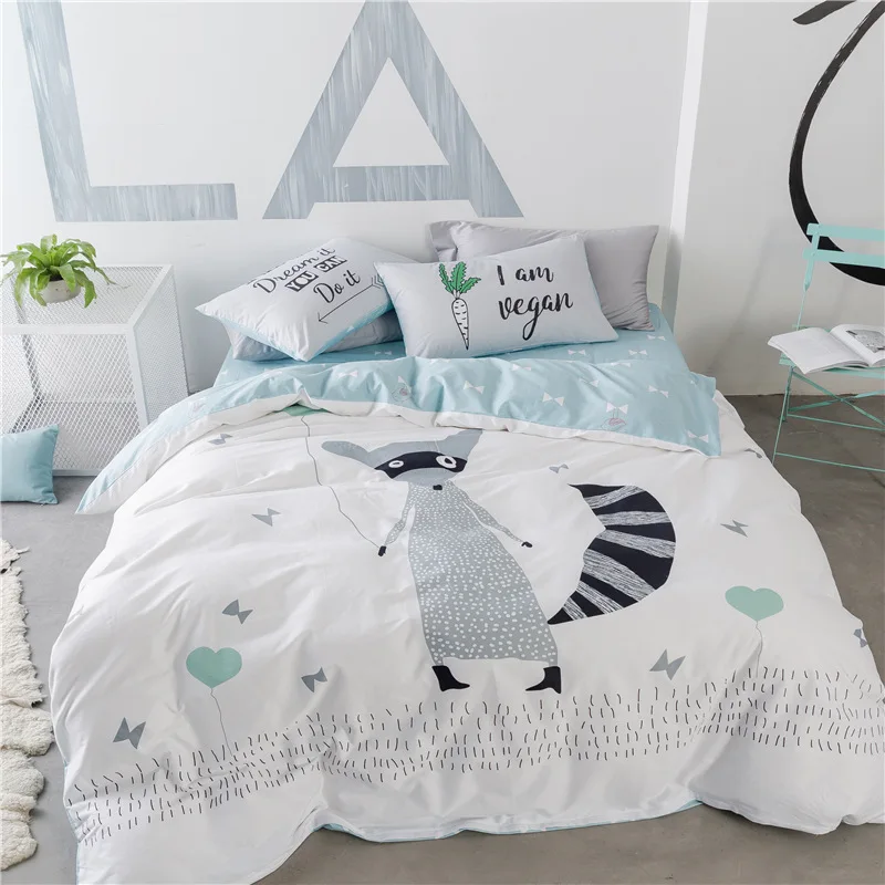 

Cute White Gray Fox or Bear Printed Bedding Set Kids Duvet Cover 100% Cotton Bedlinen Comforter Cover Flatsheet Pillowcases