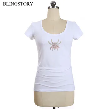 

BLINGSTORY High Street O-neck Summer Women T-shirt Beading Diamond Black White Basic Top Tee