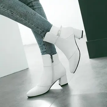 

Warm Winter Side Zipper Comfortable Square Heel Ankle Boots Fashion Pointed Toe Women Shoes Black Red Pink White
