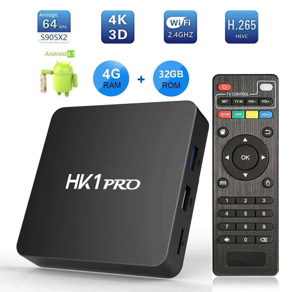 

HK1 PRO Android 8.1 TV Box 4G/32G 64G Amlogic S905X2 Quad Core USB 3.0 WiFi 4K HD Smart Set Top Box