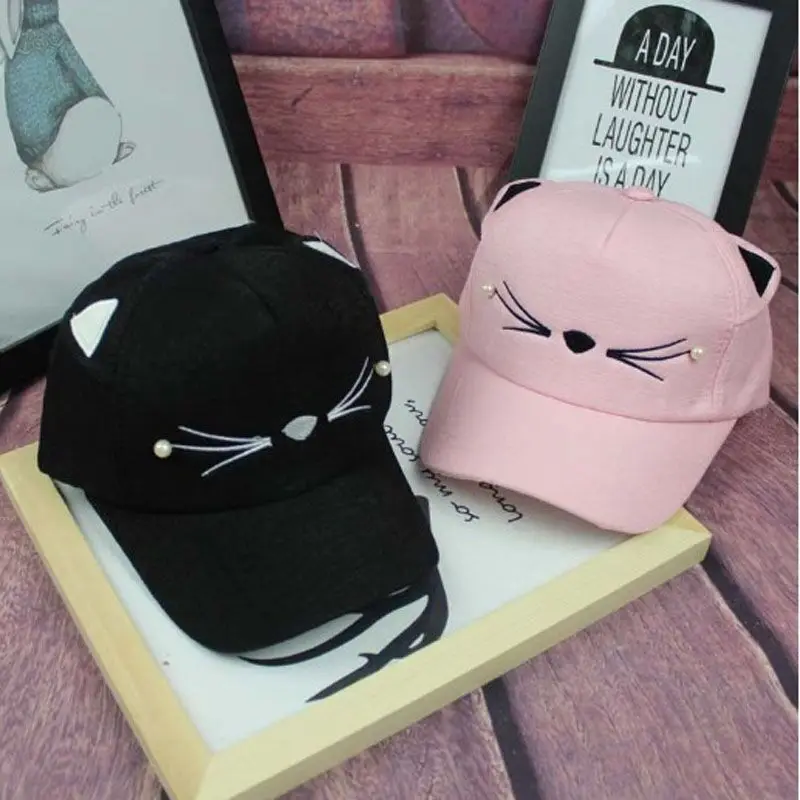 

Snapback Cute Cat Ears Pink child Net Baseball Cap Summer Women's hats Lovely Cartoon Adjustable Girl Mesh Cap Gif