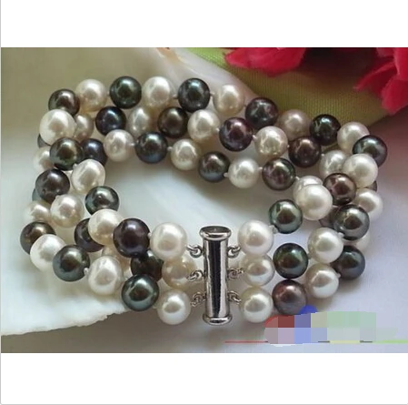 

p1028 3ROW 8" 9MM WHITE BLACK ROUND FW PEARL BRACELET MAGNET@^Noble style Natural Fine jewe SHIPPING new >>free shipping