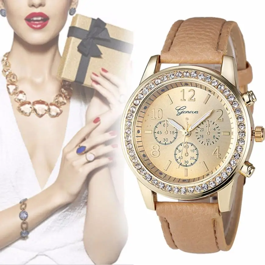 new fashion geneva women leather band stainless steel quartz analog wrist watch
