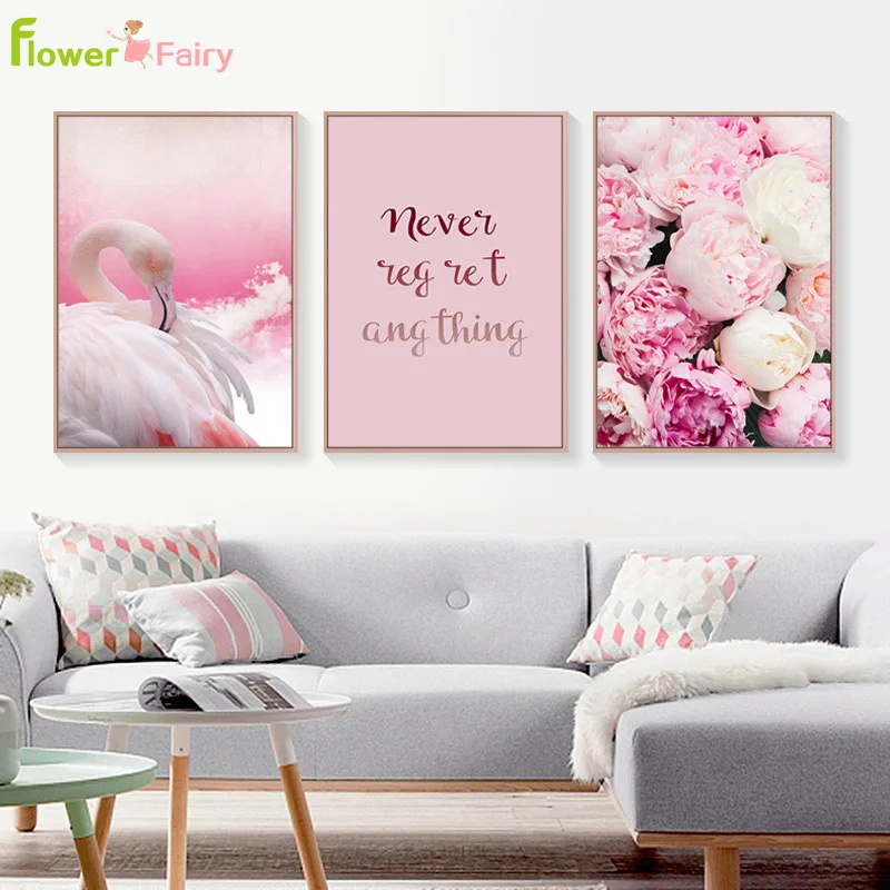 Pink Feather Rose Flowers Wall Art Canvas Painting Peony Nordic Poster Wall Pictures For Living Room Flamingo Decor Unframed