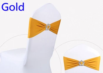 

Gold colour Crown buckles lycra sash for wedding chairs decoration spandex band stretch bow tie lycra ribbon belt on sale