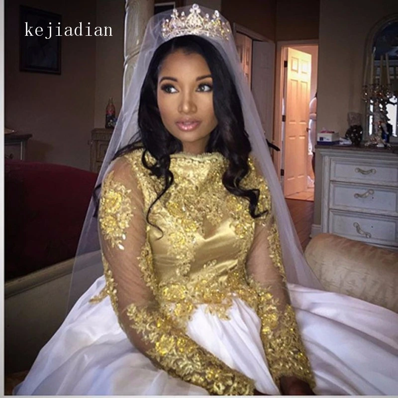 ゴールドと白のイスラム教徒のウェディングドレストルコイスラム女性の花嫁衣装サウジアラビア長袖ブライダルドレスローブ デ マリアージュ ウェディングドレス Aliexpress