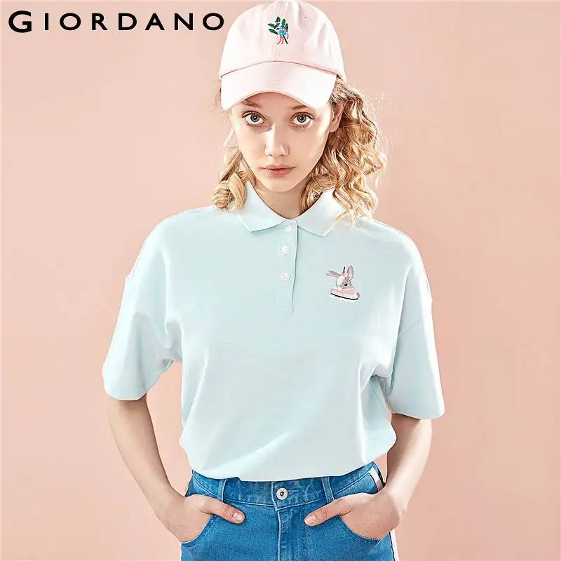 

Giordano Women Polo Shirt Women Embroidered Animal Pattern Loose Cutting Stretchy Polos Mujer Short Sleeves Stretchy Tops