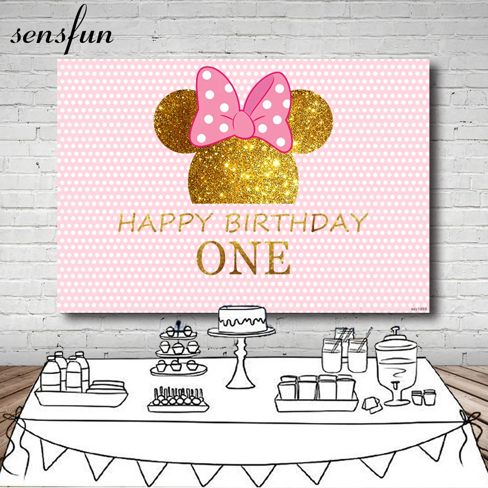 

Sensfun Gold Glitter Pink Bow Minnie Photography Backdrop Polka Dots Girls 1st Birthday Party Backgrounds For Photo Studio 7x5FT