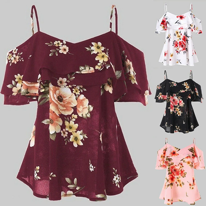 Floral Printed Blouse Woman Loose Sexy Shirt 2019 Women's Clothes Ladies Summer Boho Ruffles Shirts Female Cold Shoulder Tops