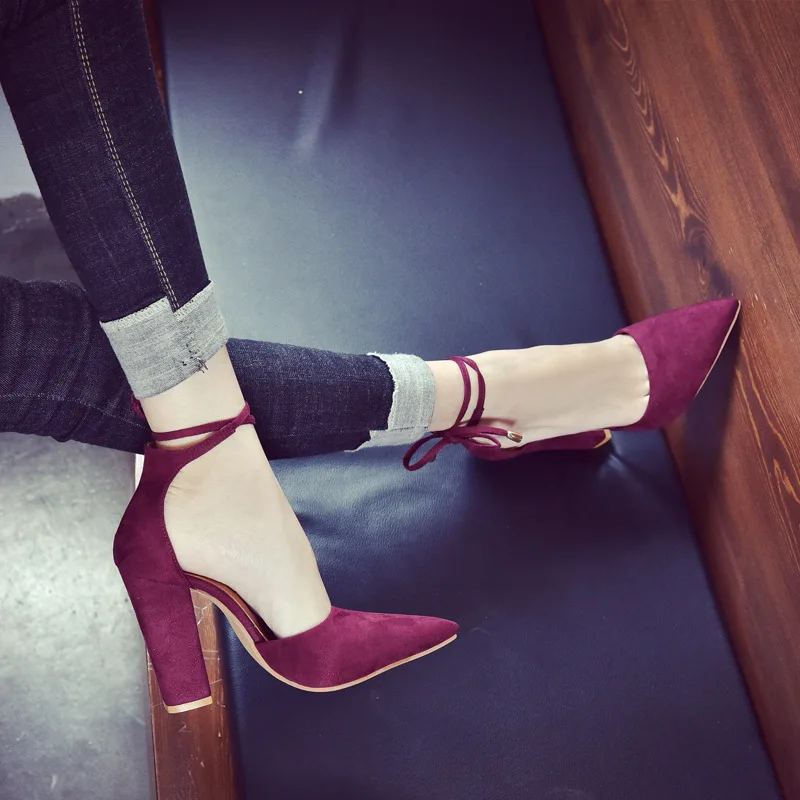 POLALI/6 цветов; туфли-лодочки с острым носком и ремешками; пикантные туфли на высоком толстом каблуке в стиле ретро; Новинка 2108 года; женская обувь на шнуровке