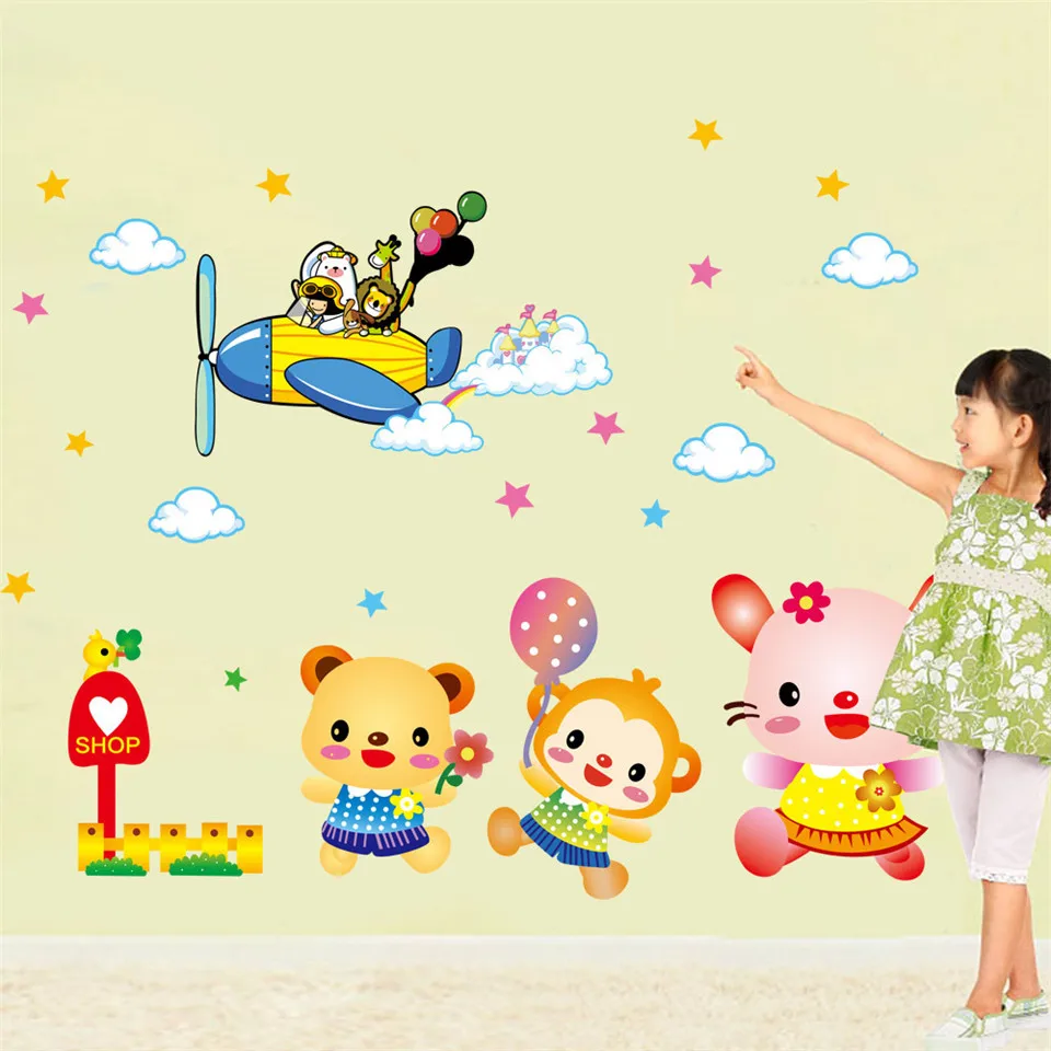 Berguna DIY Removable PVC Wall Stiker Kartun Lucu Hewan Kereta Balon