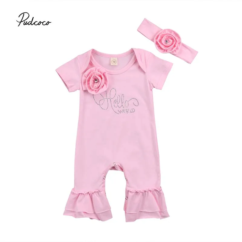

Pudcoco 2018 Newborn Baby Girls Flower Romper 3D Flower Ruffle Long Flare Pants Jumpsuit+Headband Cute Outfits Clothes 0-18M