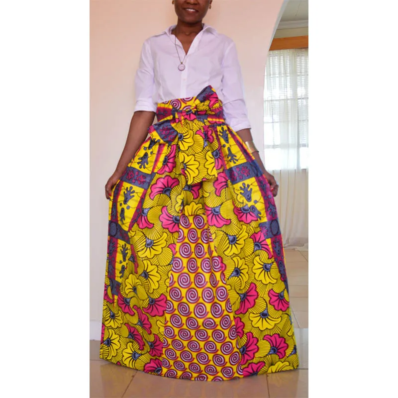 Женские kanga Африканский Костюмы линия макси юбка традиционные восковой печати плиссированные поясом длинные юбки большой Размеры для Леди