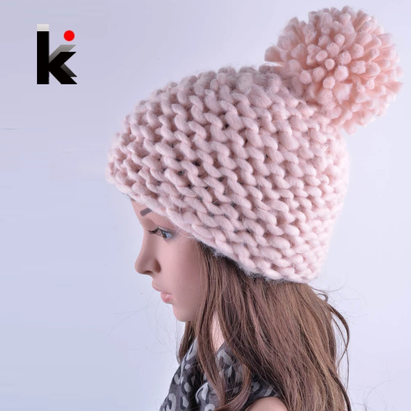 

Winter hat for women Beanies new lovely Beanie girl harajuku caps hand-crocheted acrylic fiber wool Pompons ladies knit hats