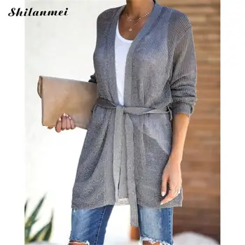

2019 Autumn Casual Long Knitted Cardigan Women Long Sleeve Solid Grey Fashion Female Kimono Loose Belted Cardigan Sweater Coat