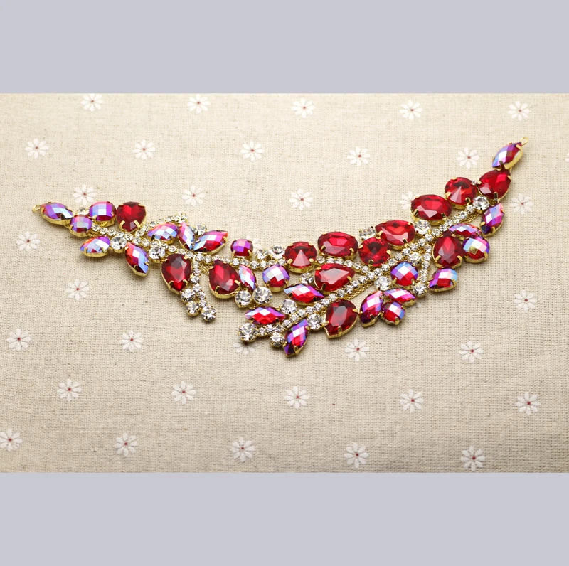 

23*5.5cm Red AB rhinestone applique Fake crystal Golden Base DIY wedding evening dress Decoration shoulder sewing on rhinestones