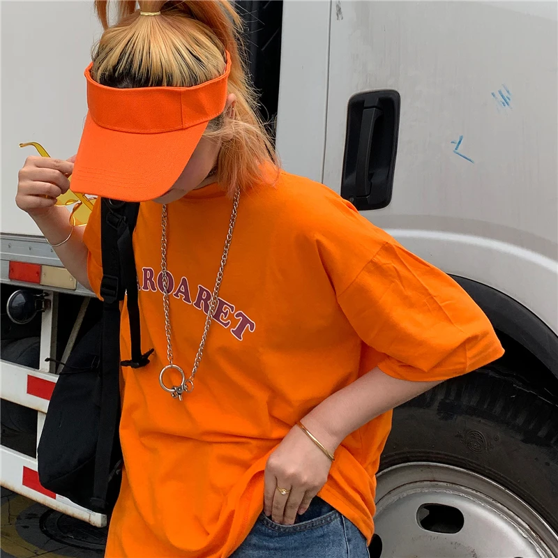 

YouGeMan Summer Tops Womens T-shirts Korean Ulzzang Harajuku Clothing Letters Printed Orange T-shirt Female Casual Tee Shirt