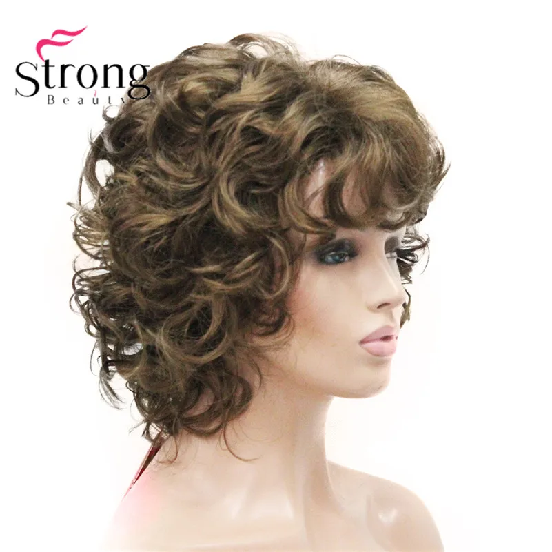 StrongBeauty короткий пушистый слоистый вьющийся черный полный синтетический парик