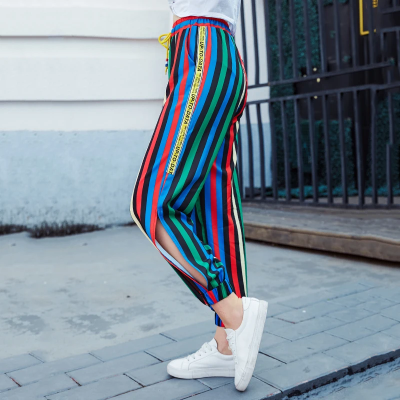 

New 2018 Women's Fashion Casual Waist Striped Trousers Color Bow Sweet Drawstring Waist Waist Elastic Casual Pants