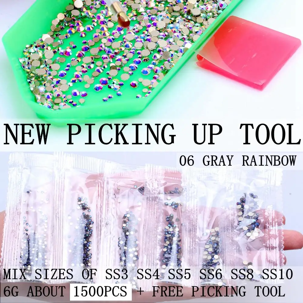 6 г 1500 шт SS3-SS10 Стразы с плоской задней поверхностью для ногтей, Стразы 3D для украшения ногтей, набор инструментов для самостоятельного изготовления - Цвет: Gray Rainbow Set
