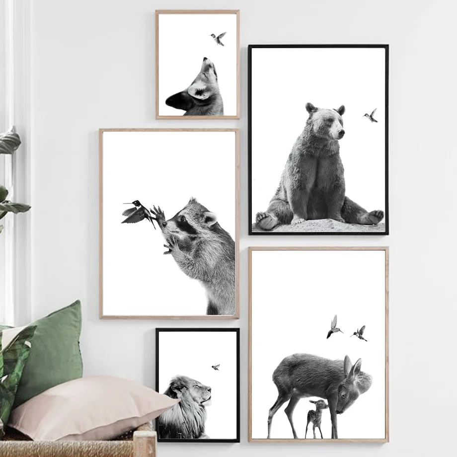 

Cute Bear Koala Deer Fox Bird Black White Nordic Posters And Prints Wall Art Canvas Painting Wall Pictures For Living Room Decor