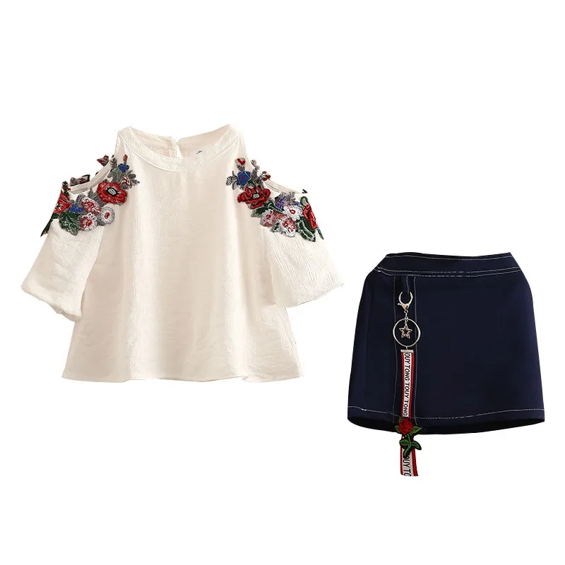 

Baby Girl's Summer Clothing Set Child Embroidery Short Sleeve White T-Shirt And Kid Girl DarkBlue Skirt Children's Sets