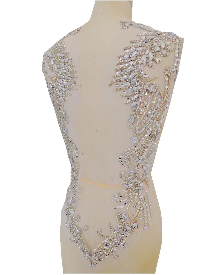 

hand made silver sew on Rhinestones applique on mesh crystal patches trim 62*39cm for dress back