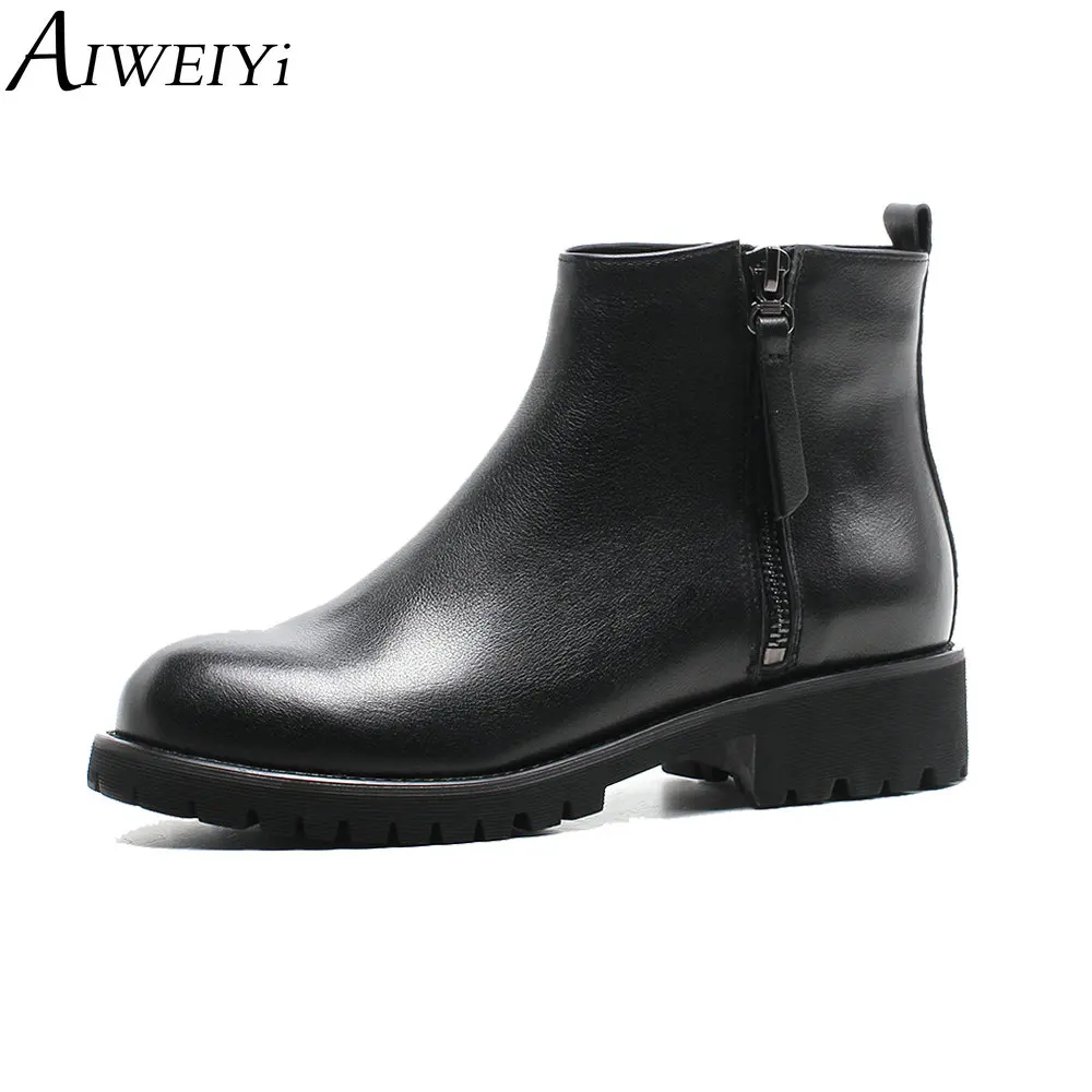 

AIWEIYi Fashion Low Heel Side Zipper Ankle Boots Genuine Leather Round Toe Platform Martin Boots Autumn Winter Women Boots
